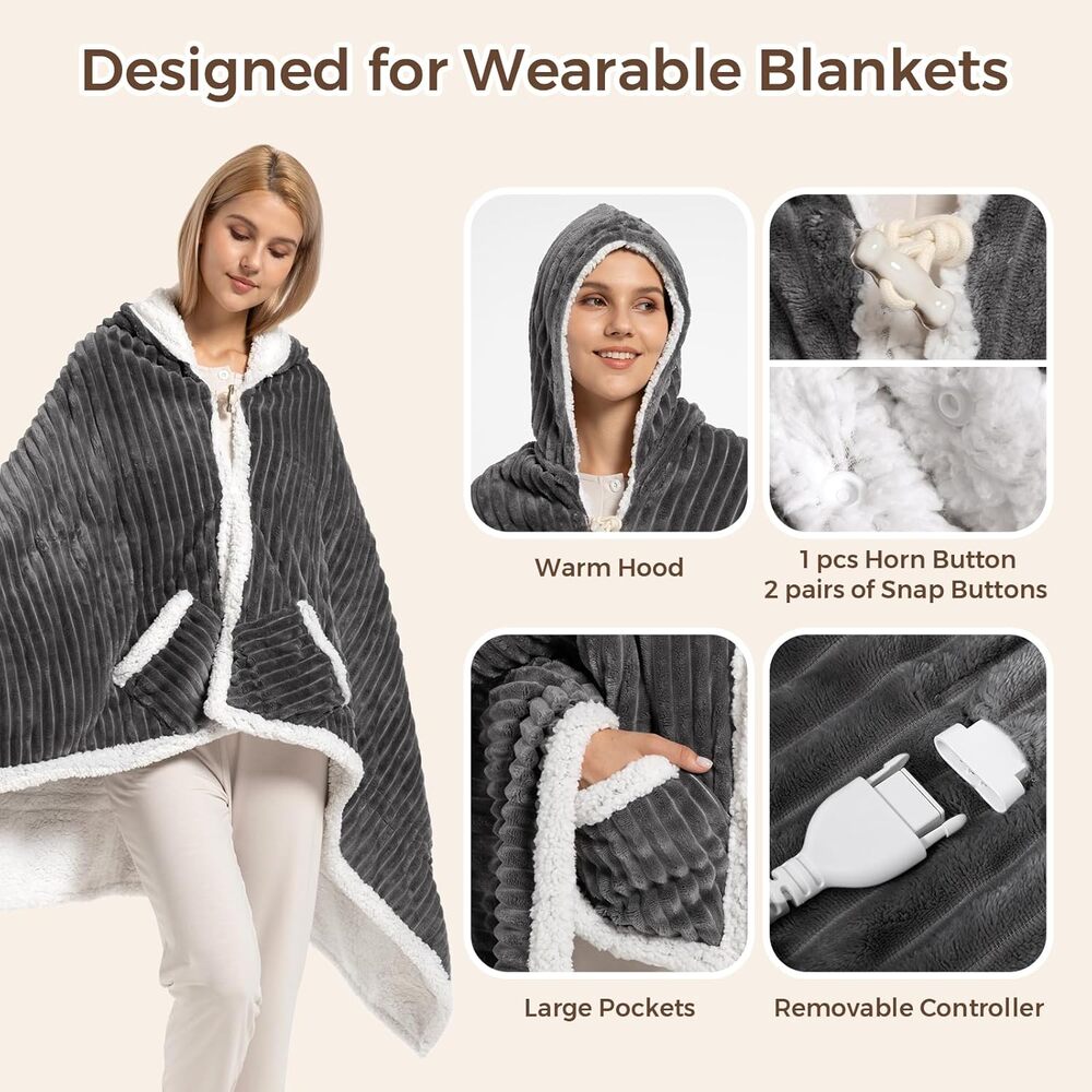 NWT FIGERM Flannel & Sherpa Wearable Heated Electric Blanket (40x70" Dark Grey) - Picture 3 of 11